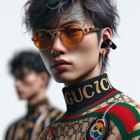 two asian men wearing sunglasses and a gucci sweater