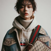 a model wearing a gucci jacket and gucci bag