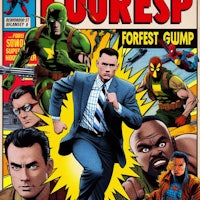 a comic book cover featuring a man in a suit and a man in a suit