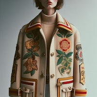 a model wearing a gucci jacket with flowers on it