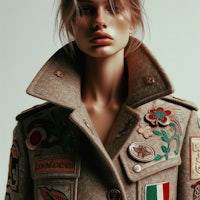 a woman in a beige coat with patches on it