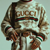 a woman wearing a gucci sweater and pants