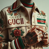 a man wearing a gucci jacket with tattoos