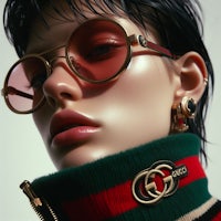 a model wearing gucci glasses and a sweater