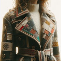 a woman wearing a patchwork coat